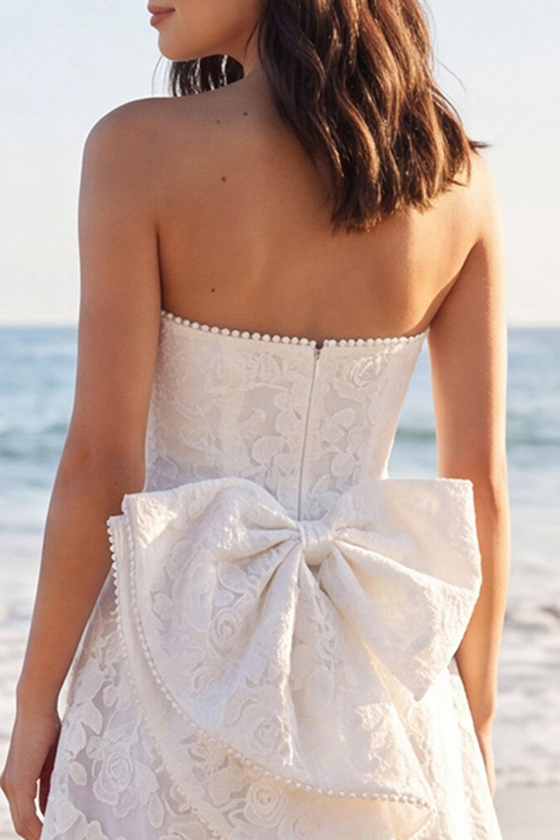 Load image into Gallery viewer, Strapless Floral A Line Short Ivory Boho Wedding Dress with Pearls