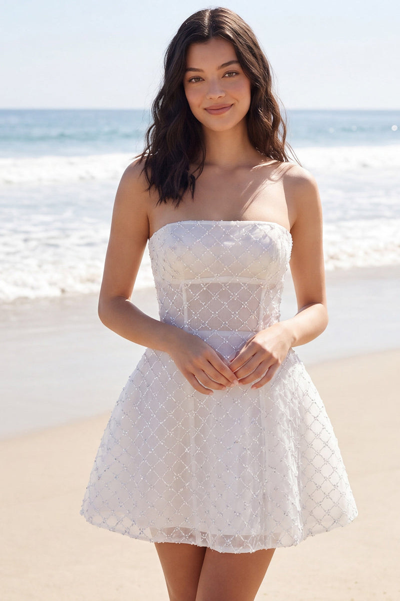 Load image into Gallery viewer, Sparkly Strapless Ivory Beaded A Line Short Wedding Dress