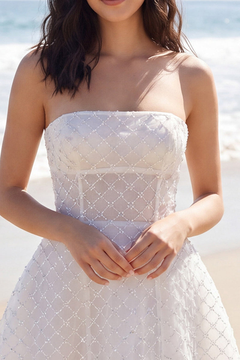 Load image into Gallery viewer, Sparkly Strapless Ivory Beaded A Line Short Wedding Dress