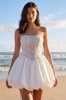 Load image into Gallery viewer, Sparkly Corset Ivory Strapless Beaded A Line Short Wedding Dress with Bow