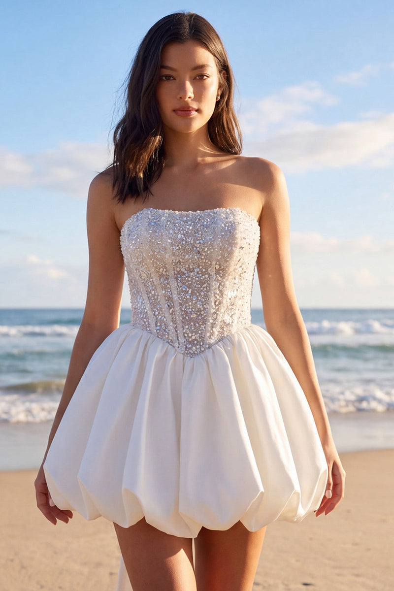 Load image into Gallery viewer, Sparkly Corset Ivory Strapless Beaded A Line Short Wedding Dress with Bow
