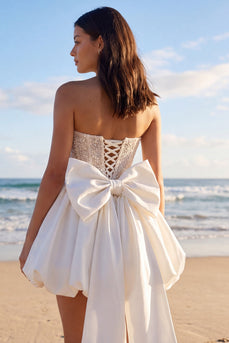 Sparkly Corset Ivory Strapless Beaded A Line Short Wedding Dress with Bow