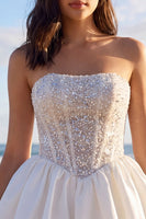Load image into Gallery viewer, Sparkly Corset Ivory Strapless Beaded A Line Short Wedding Dress with Bow