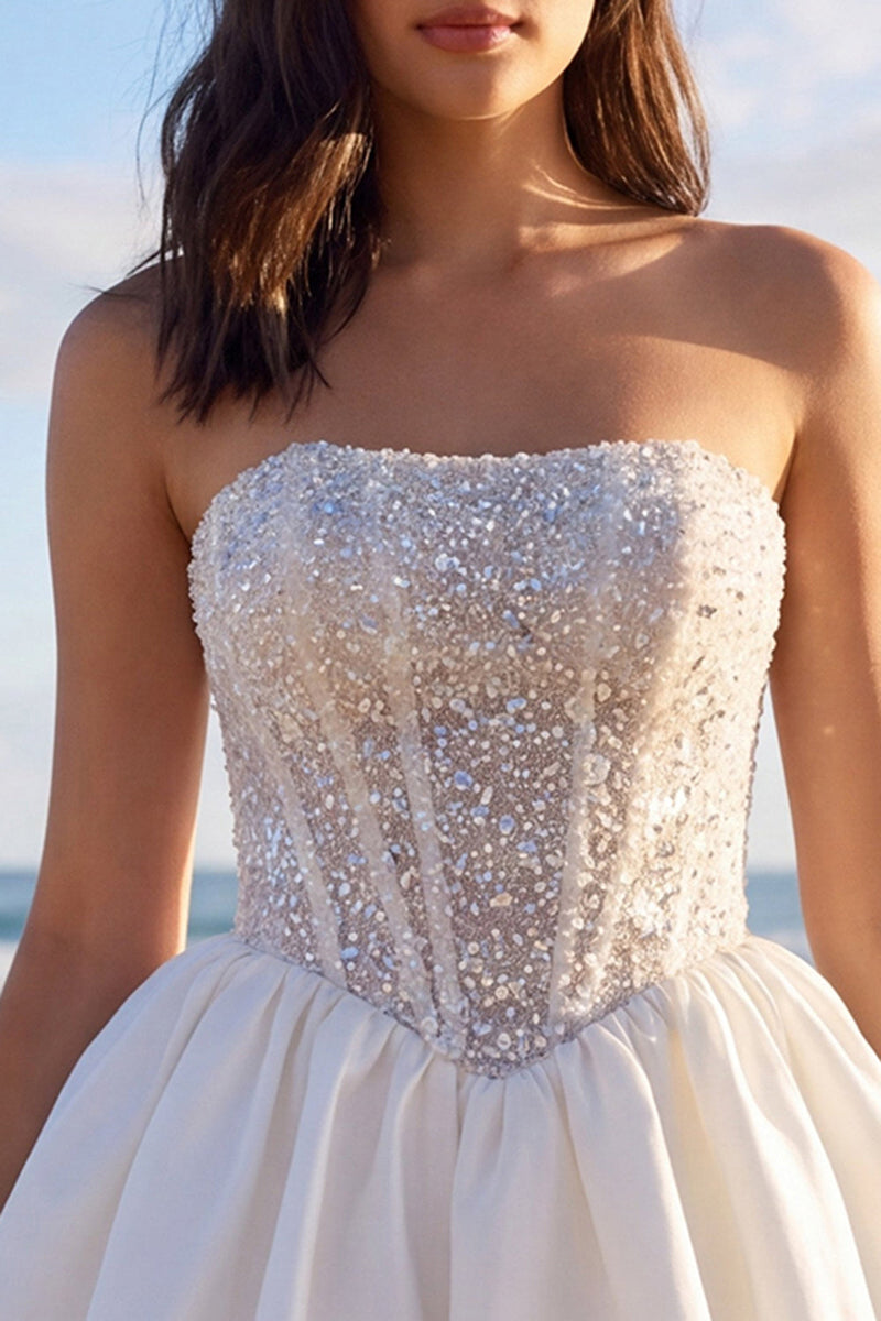 Load image into Gallery viewer, Sparkly Corset Ivory Strapless Beaded A Line Short Wedding Dress with Bow