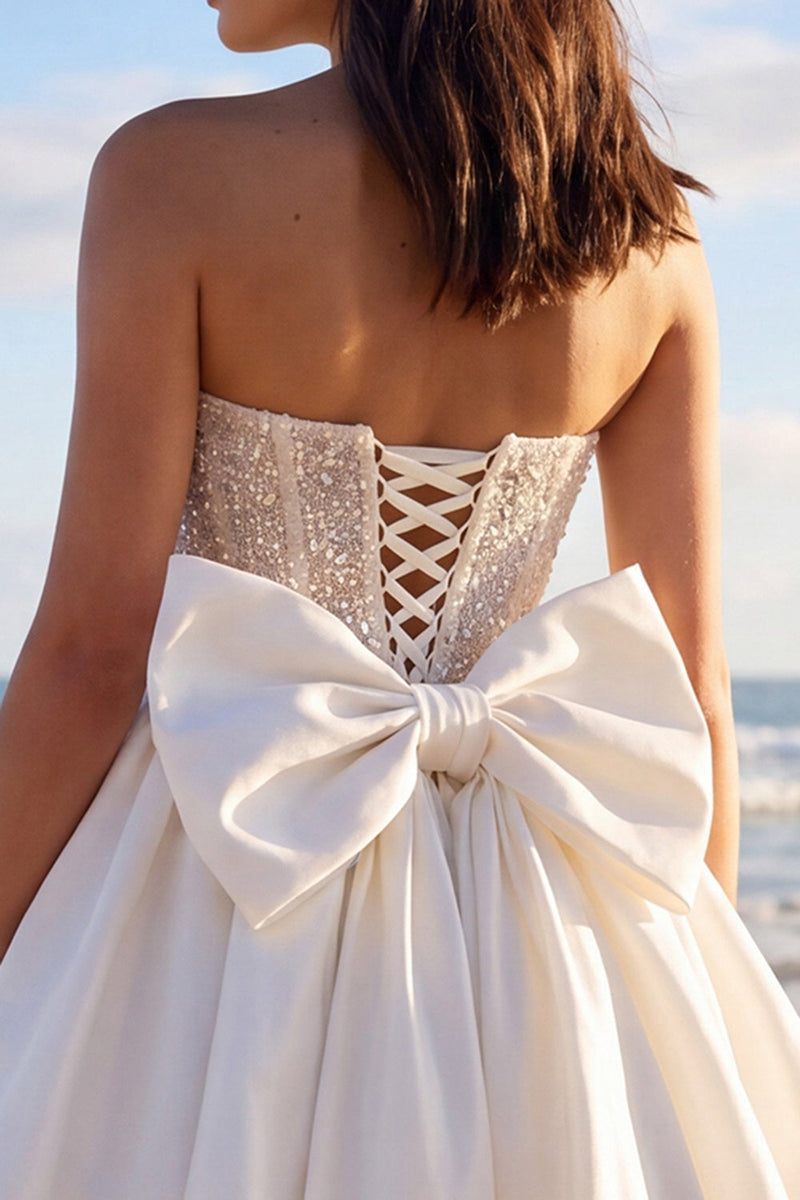 Load image into Gallery viewer, Sparkly Corset Ivory Strapless Beaded A Line Short Wedding Dress with Bow