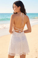 Load image into Gallery viewer, Halter Sparkly Beaded Ivory A Line Backless Short Wedding Dress