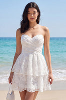 Load image into Gallery viewer, Lace Strapless Tiered A Line Floral Short Ivory Wedding Dress