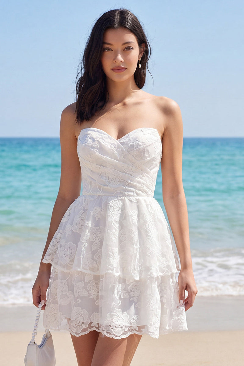 Load image into Gallery viewer, Lace Strapless Tiered A Line Floral Short Ivory Wedding Dress