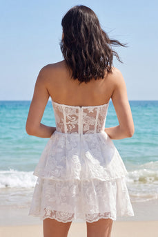 Lace Strapless Tiered A Line Floral Short Ivory Wedding Dress