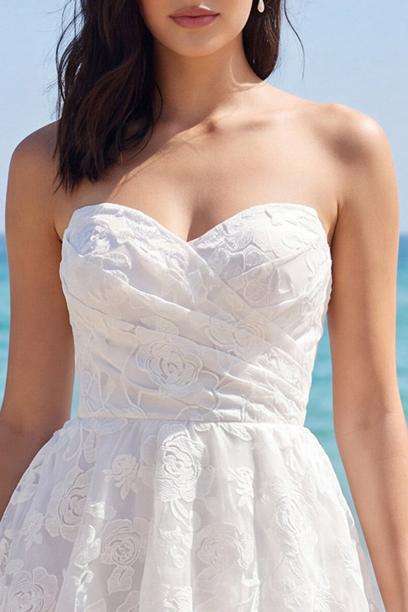 Load image into Gallery viewer, Lace Strapless Tiered A Line Floral Short Ivory Wedding Dress