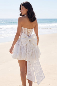 Ivory Strapless Corset A Line Floral Short Lace Wedding Dress with Bow