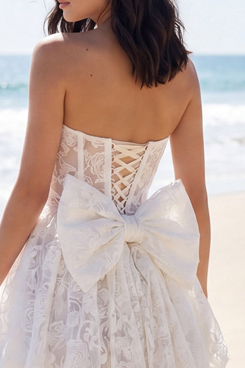 Load image into Gallery viewer, Ivory Strapless Corset A Line Floral Short Lace Wedding Dress with Bow