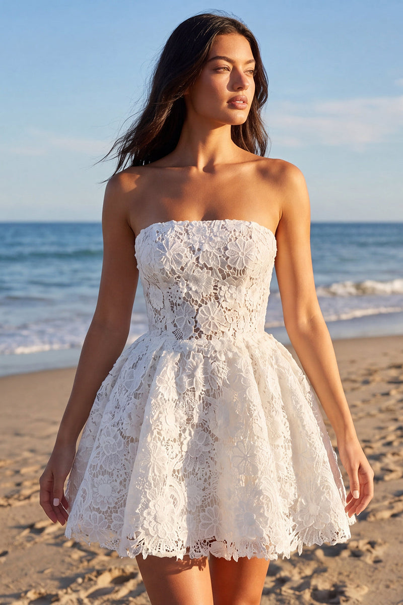 Load image into Gallery viewer, Strapless Lace A Line Floral Short Ivory Boho Wedding Dress