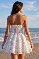Load image into Gallery viewer, Strapless Lace A Line Floral Short Ivory Boho Wedding Dress