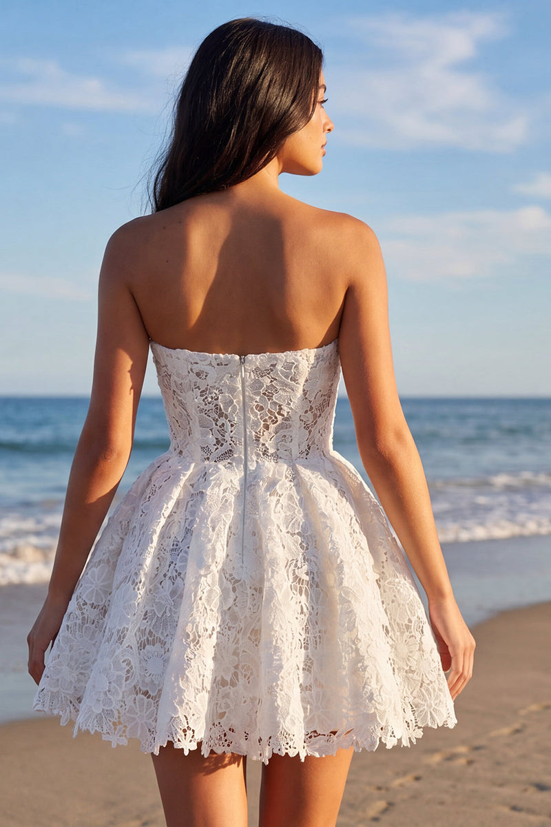Load image into Gallery viewer, Strapless Lace A Line Floral Short Ivory Boho Wedding Dress