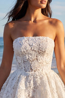 Load image into Gallery viewer, Strapless Lace A Line Floral Short Ivory Boho Wedding Dress