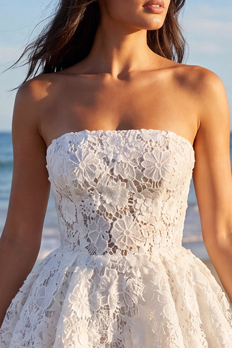 Load image into Gallery viewer, Strapless Lace A Line Floral Short Ivory Boho Wedding Dress