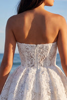 Load image into Gallery viewer, Strapless Lace A Line Floral Short Ivory Boho Wedding Dress