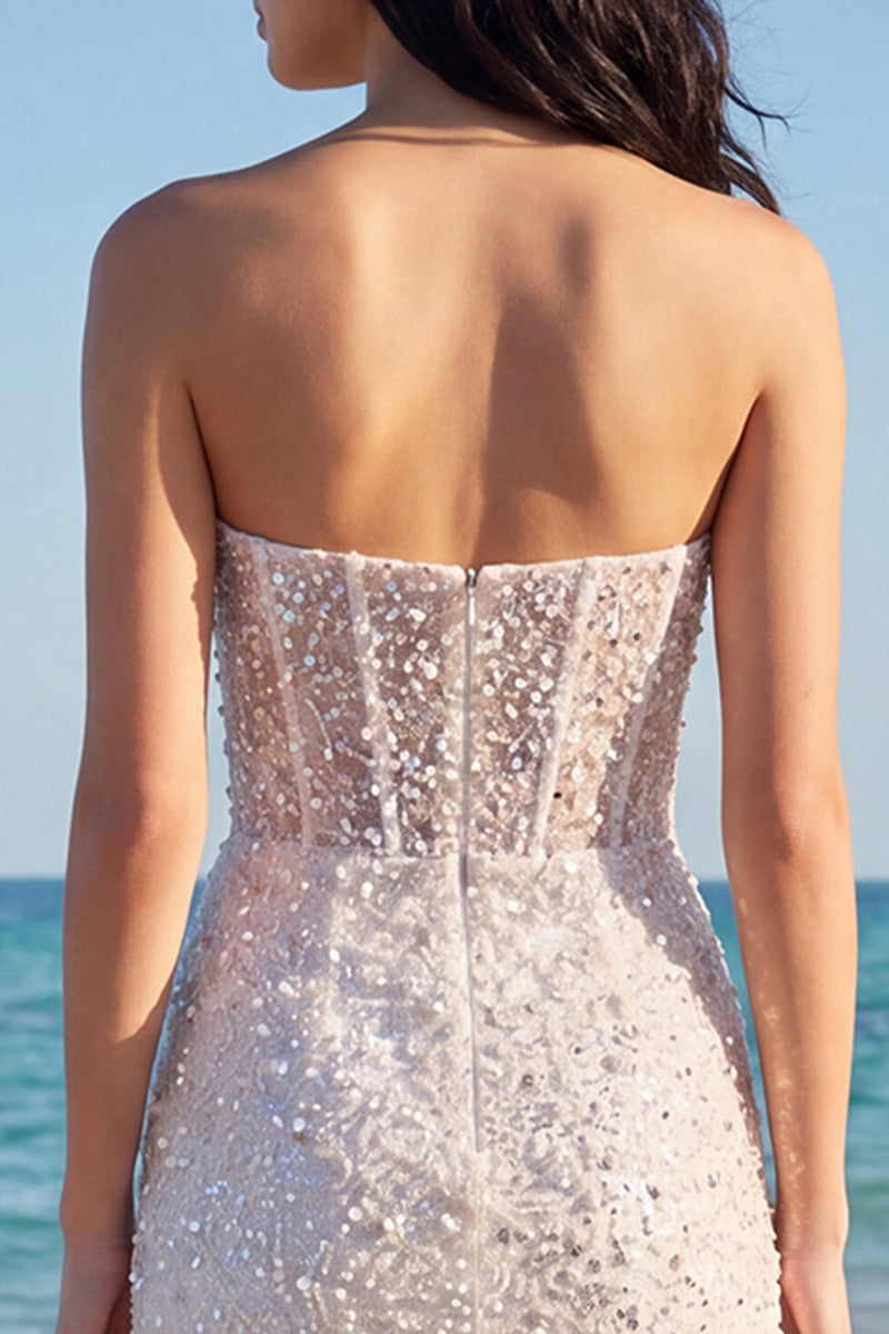 Load image into Gallery viewer, Sparkly Strapless Ivory Corset Beaded Tight Short Wedding Dress