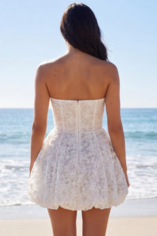 Lace Floral Short Strapless A Line Ivory Wedding Dress