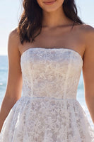 Load image into Gallery viewer, Lace Floral Short Strapless A Line Ivory Wedding Dress
