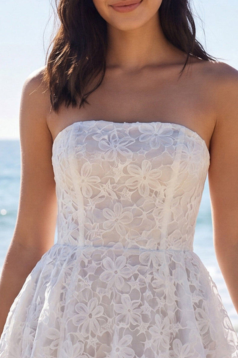 Load image into Gallery viewer, Lace Floral Short Strapless A Line Ivory Wedding Dress