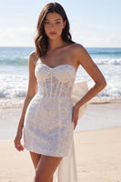 Load image into Gallery viewer, Sparkly Beaded Tight Short Ivory Corset Strapless Wedding Dress with Bow