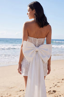 Load image into Gallery viewer, Sparkly Beaded Tight Short Ivory Corset Strapless Wedding Dress with Bow