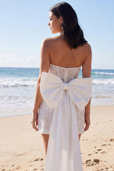 Sparkly Beaded Tight Short Ivory Corset Strapless Wedding Dress with Bow
