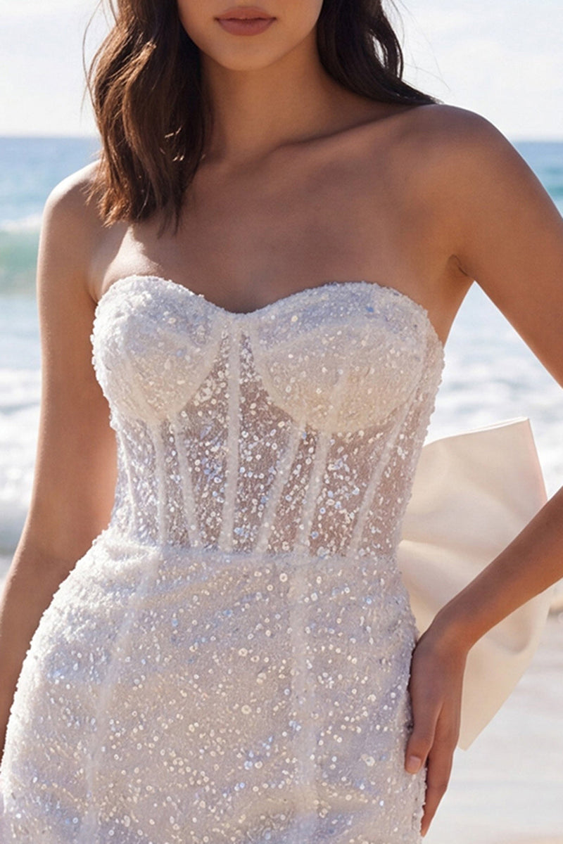 Load image into Gallery viewer, Sparkly Beaded Tight Short Ivory Corset Strapless Wedding Dress with Bow