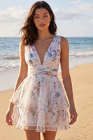 Load image into Gallery viewer, Ivory Floral V-Neck Ruched A Line Short Beach Wedding Dress