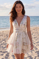 Load image into Gallery viewer, Ivory Floral V-Neck Ruched A Line Short Beach Wedding Dress