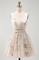 Load image into Gallery viewer, Ivory Floral V-Neck Ruched A Line Short Beach Wedding Dress