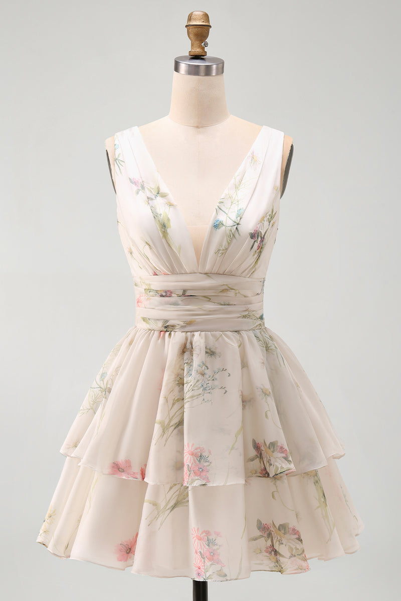 Load image into Gallery viewer, Ivory Floral V-Neck Ruched A Line Short Beach Wedding Dress