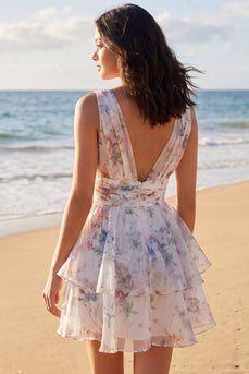 Ivory Floral V-Neck Ruched A Line Short Beach Wedding Dress