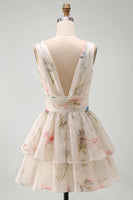 Load image into Gallery viewer, Ivory Floral V-Neck Ruched A Line Short Beach Wedding Dress