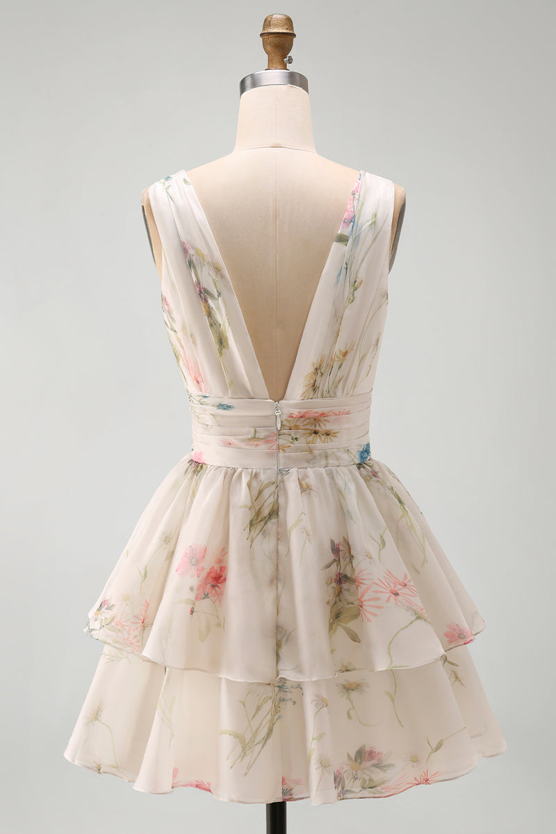 Load image into Gallery viewer, Ivory Floral V-Neck Ruched A Line Short Beach Wedding Dress