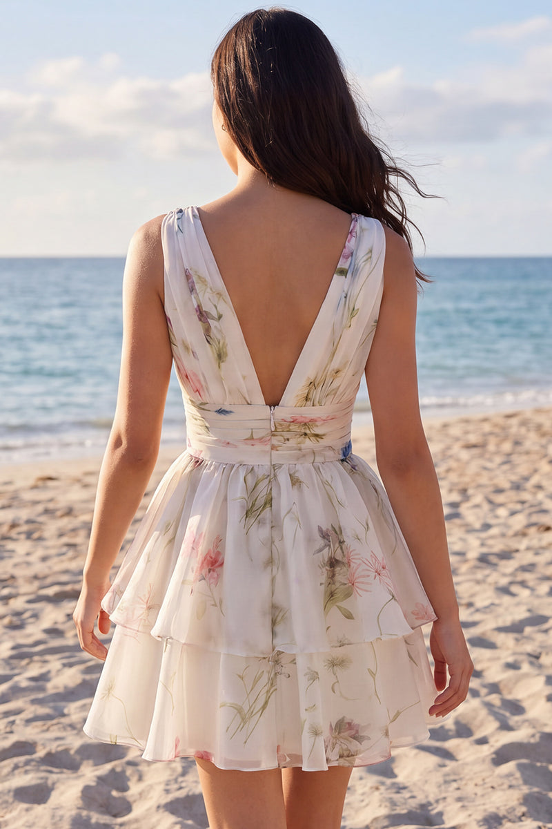 Load image into Gallery viewer, Ivory Floral V-Neck Ruched A Line Short Beach Wedding Dress