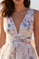 Load image into Gallery viewer, Ivory Floral V-Neck Ruched A Line Short Beach Wedding Dress