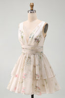 Load image into Gallery viewer, Ivory Floral V-Neck Ruched A Line Short Beach Wedding Dress