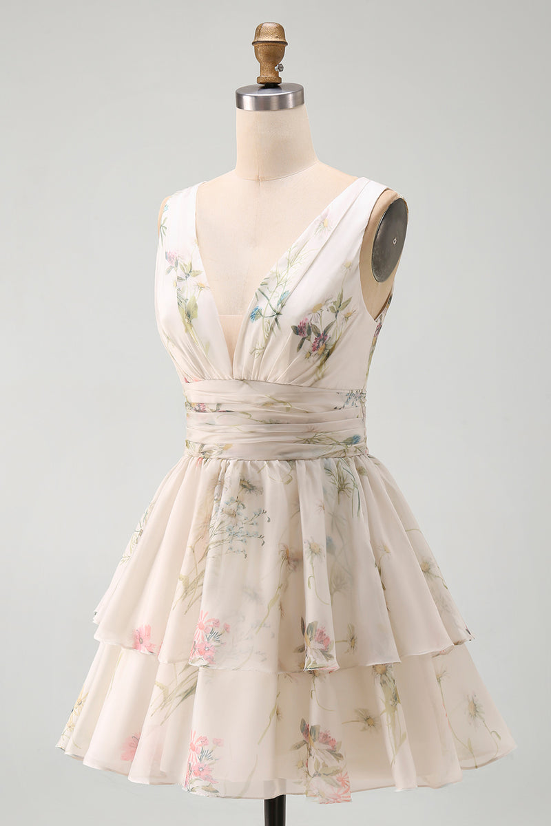 Load image into Gallery viewer, Ivory Floral V-Neck Ruched A Line Short Beach Wedding Dress