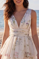 Load image into Gallery viewer, Ivory Floral V-Neck Ruched A Line Short Beach Wedding Dress