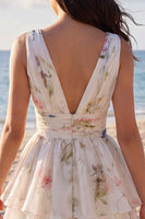 Load image into Gallery viewer, Ivory Floral V-Neck Ruched A Line Short Beach Wedding Dress