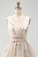 Load image into Gallery viewer, Ivory Floral V-Neck Ruched A Line Short Beach Wedding Dress