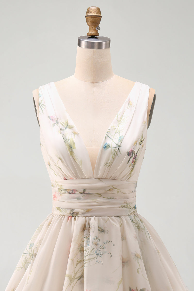 Load image into Gallery viewer, Ivory Floral V-Neck Ruched A Line Short Beach Wedding Dress
