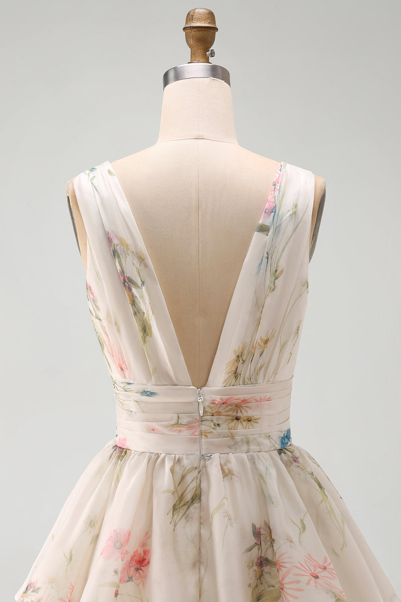 Load image into Gallery viewer, Ivory Floral V-Neck Ruched A Line Short Beach Wedding Dress