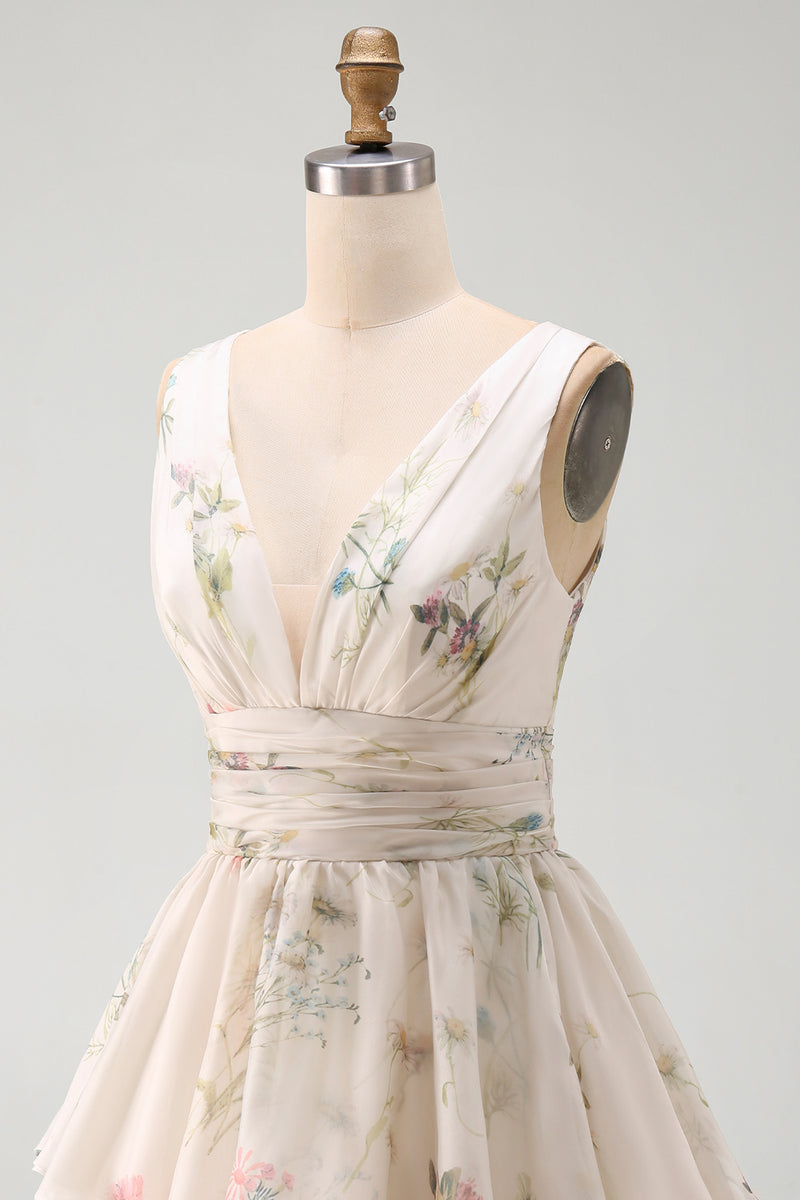 Load image into Gallery viewer, Ivory Floral V-Neck Ruched A Line Short Beach Wedding Dress