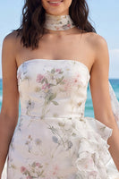 Load image into Gallery viewer, Floral Tight Short Ivory Strapless Beach Wedding Dress with Ruffles