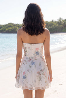Ivory Cut Out Strapless Floral A Line Short Beach Wedding Dress