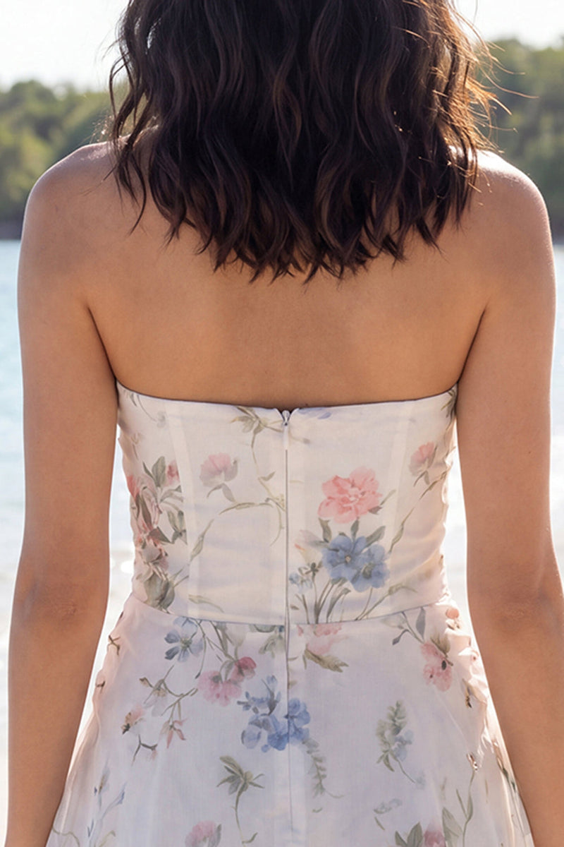 Load image into Gallery viewer, Ivory Cut Out Strapless Floral A Line Short Beach Wedding Dress